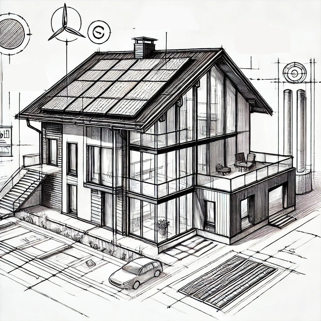 arkitektritning där arkitekten visar på energieffektiviteten på huset