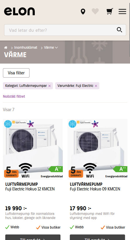 skärmdump från Elon.se 8/4 2024 med utbudet av Fuji Electric luftvärmepumpar